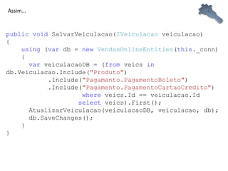 public   void  SalvarVeiculacao( IVeiculacao  veiculacao) {      using  ( var  db =  new   VendasOnlineEntities ( this ._conn)      {        var  veiculacaoDB = ( from  veics  in  db.Veiculacao.Include( "Produto" )             .Include( "Pagamento.PagamentoBoleto" )             .Include( "Pagamento.PagamentoCartaoCredito" )                   where  veics.Id == veiculacao.Id                 select  veics).First();        AtualizarVeiculacao(veiculacaoDB, veiculacao, db);        db.SaveChanges();      } } Assim... 