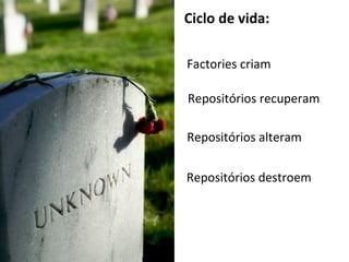 Ciclo de vida: Factories criam Repositórios recuperam Repositórios alteram Repositórios destroem 