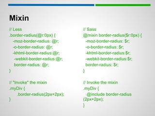 Mixin
// Less                          // Sass
.border-radius(@r:0px) {         @mixin border-radius($r:0px) {
   -moz-border-radius: @r;         -moz-border-radius: $r;
   -o-border-radius: @r;           -o-border-radius: $r;
   -khtml-border-radius:@r;        -khtml-border-radius:$r;
    -webkit-border-radius:@r;      -webkit-border-radius:$r;
    border-radius: @r;             border-radius: $r;
}                                }

// "Invoke" the mixin            // Invoke the mixin
.myDiv {                         .myDiv {
      .border-radius(2px+2px);      @include border-radius
}                                (2px+2px);
                                 }
 