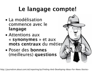 Le langage compte!
    • La modélisation
      commence avec le
      langage
    • Attentions aux
      « synonymes » et aux
      mots centraux du métier
    • Poser des bonnes
      (meilleures) questions


http://journalism.about.com/od/reporting/tp/Finding-And-Developing-Ideas-For-News-Stories-
 
