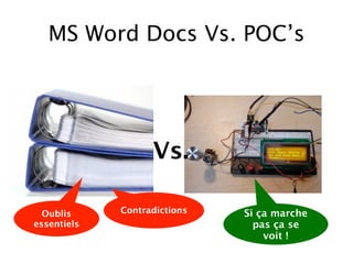MS Word Docs Vs. POC’s




                   Vs.

  Oublis     Contradictions   Si ça marche
essentiels                      pas ça se
                                  voit !
 