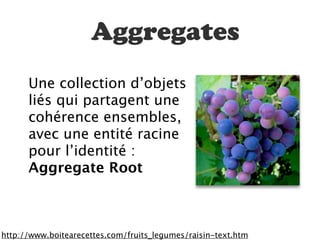 Aggregates
      Une collection d’objets
      liés qui partagent une
      cohérence ensembles,
      avec une entité racine
      pour l’identité :
      Aggregate Root



http://www.boitearecettes.com/fruits_legumes/raisin-text.htm
 