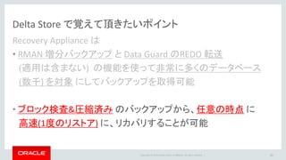 Copyright © 2014 Oracle and/or its affiliates. All rights reserved. |
Delta Push まとめ
保護DBからRecovery Appliance へのデータの流れは大きく3種類
フル・バックアップ、増分バックアップをRecovery Appliance に送る方法
a. SBT ライブラリを使ったバックアップの転送
b. Polling によるバックアップの転送
※ 上記のいずれかを使う
REDO データを送る方法
c. Near-Zero Data Loss Recovery REDO転送 Recovery
Appliance
Archived
REDO
Storage Location
(+DELTA)
Backup
Polling Location
(NAS)
(a)
(b)
(c)
Backup Set
35
 