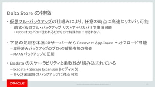 Copyright © 2014 Oracle and/or its affiliates. All rights reserved. |
Delta Store で覚えて頂きたいポイント
Recovery Appliance は
• RMAN 増分バックアップ と Data Guard のREDO 転送
(適用は含まない) の機能を使って非常に多くのデータベース
(数千) を対象 にしてバックアップを取得可能
• ブロック検査&圧縮済み のバックアップから、任意の時点 に
高速(1度のリストア) に、リカバリすることが可能
37
 