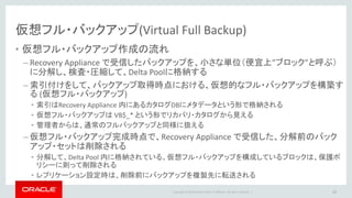 Copyright © 2014 Oracle and/or its affiliates. All rights reserved. |
Delta Store の特徴
• 仮想フル・バックアップの仕組みにより、任意の時点に高速にリカバリ可能
– 1度の（仮想フル・バックアップ）リストア＋リカバリ で復旧可能
• REDO はリカバリに使われるだけなのでRecovery Appliance 上で特殊な加工はされない
• 下記の処理を本番DBサーバーから Recovery Appliance へオフロード可能
– 取得済みバックアップのブロック破損有無の検査
– RMANバックアップの圧縮
• Exadata のスケーラビリティと柔軟性が組み込まれている
– Exadata + Storage Expansion (HCディスク)
– 多くの保護DBのバックアップに対応可能
39
 