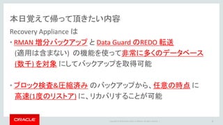 Copyright © 2014 Oracle and/or its affiliates. All rights reserved. |
本日の内容
1
2
3
4
5
バックアップ・リカバリの現状と Recovery Appliance の概要
ハードウェア・ソフトウェア構成概要
アーキテクチャ
バックアップのライフサイクル
まとめ
4
 