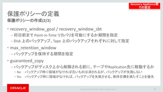 Copyright © 2014 Oracle and/or its affiliates. All rights reserved. |
保護ポリシーの定義
Storage Location の作成
• Storage Location ： 受信したバックアップを格納する ASM Disk Group
– 下記の項目を指定する
• Storage Location 名
• 使用する ASM Disk Group
– 現行 Recovery Appliance で指定可能なDisk Group は1つ
(= +DELTA)
• 使用するサイズを指定
50
Recovery Appliance側
での設定
Storage Location = ASM Disk Group
Delta Store
Delta Pool
Delta Pool
Delta Pool
Delta Pool
Delta Pool
Delta Pool
設定後のEM画面
 