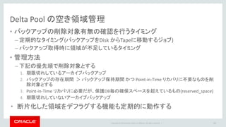 Copyright © 2014 Oracle and/or its affiliates. All rights reserved. |
保護ポリシーの定義
保護ポリシーの作成(2/2)
• recovery_window_goal / recovery_window_sbt
– 何日前まで Point-in-Time リカバリを可能にするか期間を指定
– Disk 上のバックアップ、Tape 上のバックアップそれぞれに対して指定
• max_retention_window
– バックアップを保持する期間を指定
• guaranteed_copy
– バックアップがディスク上から削除される前に、テープやReplication先に移動するか
• No ：バックアップ時に領域がなければ古いものは消されるが、バックアップが失敗しない
• Yes ：バックアップ時に領域がなければ、バックアップを失敗させる。保持目標を満たすことを優先
52
Recovery Appliance側
での設定
 