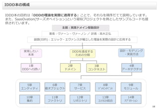 10
IDDD本の目的は「DDDの理論を実際に適用する」ことで、それらを順序だてて説明しています。
また、SaasOvation(サーズオベイション)という疑似プロジェクトを例としたサンプルコードも提
供されています。
IDDD本の構成
主題：実践ドメイン駆動設計
副題(目的)：エリック・エヴァンスが確立した理論を実際の設計に応用する
著者：ヴァーン・ヴァーノン ／ 訳者：高木正弘
実現したい
未来
DDDを達成する
ための分類
1章
DDDへの誘い
2章
ドメイン
3章
コンテキスト
設計・モデリング
・実装方法
4章
アーキテクチャ
5章
エンティティ
6章
値オブジェクト
7章
サービス
8章
ﾄﾞﾒｲﾝｲﾍﾞﾝﾄ
9章
モジュール
10章
集約
11章
ファクトリ
12章
リポジトリ
13章
ｺﾝﾃｷｽﾄ統合
14章
ｱﾌﾟﾘｹｰｼｮﾝ
 