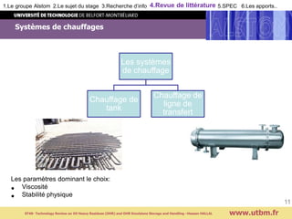 Systèmes de chauffages
www.utbm.fr
11
Les systèmes
de chauffage
Chauffage de
tank
Chauffage de
ligne de
transfert
Les paramètres dominant le choix:
• Viscosité
• Stabilité physique
1.Le groupe Alstom 2.Le sujet du stage 3.Recherche d’info 4.Revue de littérature 5.SPEC 6.Les apports..
ST40- Technology Review on Oil Heavy Residues (OHR) and OHR Emulsions Storage and Handling –Hassan HALLAL
 