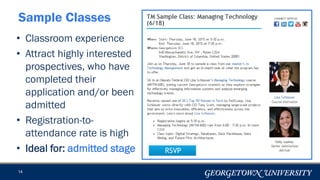 14
Sample Classes
• Classroom experience
• Attract highly interested
prospectives, who have
completed their
application and/or been
admitted
• Registration-to-
attendance rate is high
• Ideal for: admitted stage
 