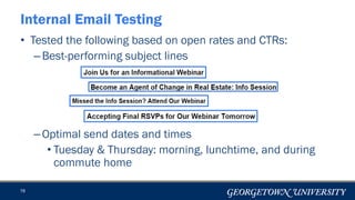 19
Internal Email Testing
• Tested the following based on open rates and CTRs:
–Best-performing subject lines
–Optimal send dates and times
• Tuesday & Thursday: morning, lunchtime, and during
commute home
 