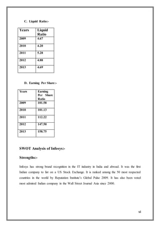 xi
C. Liquid Ratio:-
Years Liquid
Ratio
2009 4.67
2010 4.20
2011 5.28
2012 4.88
2013 4.69
D. Earning Per Share:-
Years Earning
Per Share
Ratio
2009 101.58
2010 101.13
2011 112.22
2012 147.50
2013 158.75
SWOT Analysis of Infosys:-
Strengths:-
Infosys has strong brand recognition in the IT industry in India and abroad. It was the first
Indian company to list on a US Stock Exchange. It is ranked among the 50 most respected
countries in the world by Reputation Institute’s Global Pulse 2009. It has also been voted
most admired Indian company in the Wall Street Journal Asia since 2000.
 