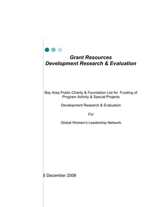 Grant Resources
Development Research & Evaluation
Bay Area Public Charity & Foundation List for Funding of
Program Activity & Special Projects
Development Research & Evaluation
For
Global Women’s Leadership Network
5 December 2008
 