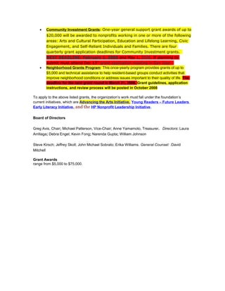 • Community Investment Grants: One-year general support grant awards of up to
$20,000 will be awarded to nonprofits working in one or more of the following
areas: Arts and Cultural Participation, Education and Lifelong Learning, Civic
Engagement, and Self-Reliant Individuals and Families. There are four
quarterly grant application deadlines for Community Investment grants.
NEXT DEADLINE: February 1, 2008 and May 1, 2008. If planning to
submit must attend Dec 13th
grant application meeting in San Jose.
• Neighborhood Grants Program: This once-yearly program provides grants of up to
$5,000 and technical assistance to help resident-based groups conduct activities that
improve neighborhood conditions or address issues important to their quality of life. The
deadline for the next grant round is March 31, 2008. Grant guidelines, application
instructions, and review process will be posted in October 2008
To apply to the above listed grants, the organization’s work must fall under the foundation’s
current initiatives, which are Advancing the Arts Initiative, Young Readers – Future Leaders
Early Literacy Initiative, and the HP Nonprofit Leadership Initiative.
Board of Directors
Greg Avis, Chair; Michael Patterson, Vice-Chair; Anne Yamamoto, Treasurer. Directors: Laura
Arrillaga; Debra Engel; Kevin Fong; Narenda Gupta; William Johnson
Steve Kirsch; Jeffrey Skoll; John Michael Sobrato; Erika Williams. General Counsel: .David
Mitchell
Grant Awards
range from $5,000 to $75,000.
 