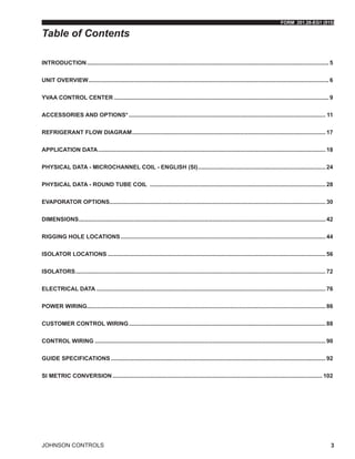 FORM 201.28-EG1 (915)
JOHNSON CONTROLS 3
Table of Contents
INTRODUCTION....................................................................................................................................................... 5
UNIT OVERVIEW...................................................................................................................................................... 6
YVAA CONTROL CENTER...................................................................................................................................... 9
ACCESSORIES AND OPTIONS*........................................................................................................................... 11
REFRIGERANT FLOW DIAGRAM......................................................................................................................... 17
APPLICATION DATA.............................................................................................................................................. 18
PHYSICAL DATA - MICROCHANNEL COIL - ENGLISH (SI)................................................................................ 24
PHYSICAL DATA - ROUND TUBE COIL .............................................................................................................. 28
EVAPORATOR OPTIONS....................................................................................................................................... 30
DIMENSIONS.......................................................................................................................................................... 42
RIGGING HOLE LOCATIONS................................................................................................................................ 44
ISOLATOR LOCATIONS........................................................................................................................................ 56
ISOLATORS............................................................................................................................................................ 72
ELECTRICAL DATA............................................................................................................................................... 76
POWER WIRING..................................................................................................................................................... 86
CUSTOMER CONTROL WIRING........................................................................................................................... 88
CONTROL WIRING................................................................................................................................................ 90
GUIDE SPECIFICATIONS...................................................................................................................................... 92
SI METRIC CONVERSION................................................................................................................................... 102
 
