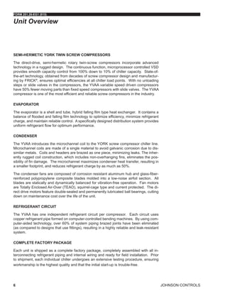 JOHNSON CONTROLS
FORM 201.28-EG1 (915)
6
Unit Overview
SEMI-HERMETIC YORK TWIN SCREW COMPRESSORS
The direct-drive, semi-hermetic rotary twin-screw compressors incorporate advanced
technology in a rugged design. The continuous function, microprocessor controlled VSD
provides smooth capacity control from 100% down to 10% of chiller capacity. State-of-
the-art technology, obtained from decades of screw compressor design and manufactur-
ing by FRICK®
, ensures optimal efficiencies at all chiller load points. With no unloading
steps or slide valves in the compressors, the YVAA variable speed driven compressors
have 50% fewer moving parts than fixed speed compressors with slide valves. The YVAA
compressor is one of the most efficient and reliable screw compressors in the industry.
EVAPORATOR
The evaporator is a shell and tube, hybrid falling film type heat exchanger. It contains a
balance of flooded and falling film technology to optimize efficiency, minimize refrigerant
charge, and maintain reliable control. A specifically designed distribution system provides
uniform refrigerant flow for optimum performance.
CONDENSER
The YVAA introduces the microchannel coil to the YORK screw compressor chiller line.
Microchannel coils are made of a single material to avoid galvanic corrosion due to dis-
similar metals. Coils and headers are brazed as one piece, minimizing leaks. The inher-
ently rugged coil construction, which includes non-overhanging fins, eliminates the pos-
sibility of fin damage. The microchannel maximizes condenser heat transfer, resulting in
a smaller footprint, and reduces refrigerant charge by as much as 50%.
The condenser fans are composed of corrosion resistant aluminum hub and glass-fiber-
reinforced polypropylene composite blades molded into a low-noise airfoil section. All
blades are statically and dynamically balanced for vibration-free operation. Fan motors
are Totally Enclosed Air-Over (TEAO), squirrel-cage type and current protected. The di-
rect drive motors feature double-sealed and permanently lubricated ball bearings, cutting
down on maintenance cost over the life of the unit.
REFRIGERANT CIRCUIT
The YVAA has one independent refrigerant circuit per compressor. Each circuit uses
copper refrigerant pipe formed on computer-controlled bending machines. By using com-
puter-aided technology, over 60% of system piping brazed joints have been eliminated
(as compared to designs that use fittings), resulting in a highly reliable and leak-resistant
system.
COMPLETE FACTORY PACKAGE
Each unit is shipped as a complete factory package, completely assembled with all in-
terconnecting refrigerant piping and internal wiring and ready for field installation. Prior
to shipment, each individual chiller undergoes an extensive testing procedure, ensuring
workmanship is the highest quality and that the initial start-up is trouble-free.
 