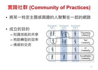 實踐社群 (Community of Practices)
• 將某一特定主題感興趣的人聯繫在一起的網路
• 成立的目的
– 知識技能的共享
– 有助轉型的效率
– 情感的交流
40
 