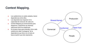 Context Mapping.
Comercial
Producción
People
● Los subdominios no están aislados, tienen
dependencias entre ellos.
● Las dependencias impactan en la
capacidad de evolución de cada uno.
● Context Mapping es la herramienta para
diagramar y especiﬁcar las distintas
relaciones entre los subdomain.
● Es la pieza clave para entender cómo cada
subdominio debe “protegerse” de la
dependencia que tiene con el resto en
base al patrón que ésta representa.
Shared Kernel
Open hostConformist
 