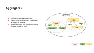 Comercial
● Son pieza clave en el diseño DDD.
● Se encargan de almacenar y trasaccionar
el estado del sistema.
● Los simples (una sola Entity) o complejos
(varias Entities con root)
Cliente
<<root>>
RFP
FechaDirección
Aggregates.
ANS
Aggregate
ID
ID
ID
Value
Object
Entity
 