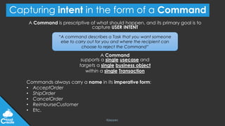 @jeppec
Capturing intent in the form of a Command
A Command is prescriptive of what should happen, and its primary goal is to
capture USER INTENT
A Command
supports a single usecase and
targets a single business object
within a single Transaction
Commands always carry a name in its imperative form:
• AcceptOrder
• ShipOrder
• CancelOrder
• ReimburseCustomer
• Etc.
“A command describes a Task that you want someone
else to carry out for you and where the recipient can
choose to reject the Command”
 