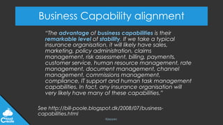 @jeppec
Business Capability alignment
“The advantage of business capabilities is their
remarkable level of stability. If we take a typical
insurance organisation, it will likely have sales,
marketing, policy administration, claims
management, risk assessment, billing, payments,
customer service, human resource management, rate
management, document management, channel
management, commissions management,
compliance, IT support and human task management
capabilities. In fact, any insurance organisation will
very likely have many of these capabilities.”
See http://bill-poole.blogspot.dk/2008/07/business-
capabilities.html
 