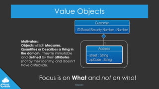 @jeppec
Value Objects
Customer
- ID/Social Security Number : Number
Address
- street : String
- zipCode : String
1
Motivators:
Objects which Measures,
Quantifies or Describes a thing in
the domain. They’re immutable
and defined by their attributes
(not by their identity) and doesn’t
have a lifecycle.
Focus is on What and not on who!
 