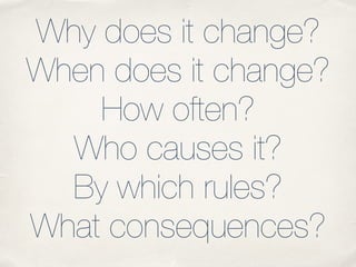 Why does it change?
When does it change?
How often?
Who causes it?
By which rules?
What consequences?
 