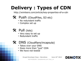 Delivery : Types of CDN
 http://wimleers.com/article/key-properties-of-a-cdn

@ Push (CloudFiles, S3 etc)
     ●
         No redundant traffic
     ●
         Complex set up


@ Pull (lots)
     ●
         Very easy to set up
     ●
         Redundant traffic


@ DNS (Cloudflare/incapsula)
     ●
         Takes over your DNS
     ●
         Does more than “just” CDN
     ●
         We have not tested


           Drupal Developer Days – Barcelona           June 16th 2012
                  ALEX McFADYEN | alex@demotix.com | @a_c_m
 