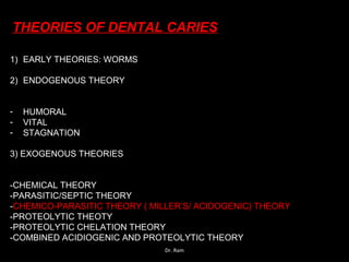 THEORIES OF DENTAL CARIES
1) EARLY THEORIES: WORMS
2) ENDOGENOUS THEORY
- HUMORAL
- VITAL
- STAGNATION
3) EXOGENOUS THEORIES
-CHEMICAL THEORY
-PARASITIC/SEPTIC THEORY
-CHEMICO-PARASITIC THEORY ( MILLER’S/ ACIDOGENIC) THEORY
-PROTEOLYTIC THEOTY
-PROTEOLYTIC CHELATION THEORY
-COMBINED ACIDIOGENIC AND PROTEOLYTIC THEORY
Dr. Ram
 