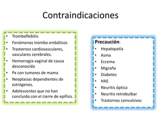 Contraindicaciones
• Tromboflebitis
• Fenómenos trombo embólicos             Precaución:
• Trastornos cardiovasculares,           •   Hepatopatía
  vasculares cerebrales.                 •   Asma
• Hemorragia vaginal de causa            •   Eccema
  desconocida                            •   Migraña
• Px con tumores de mama                 •   Diabetes
• Neoplasias dependientes de             •   HAS
  estrógenos.
                                         •   Neuritis óptica
• Adolescentes que no han
                                         •   Neuritis retrobulbar
  concluido con el cierre de epífisis.
                                         •   Trastornos convulsivos
 