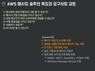 1) 최소한의 운영 비용으로 사용 할 수 있는가?
2) 메시지 전달 신뢰성을 가지고 있는가?
3) 단일 메시지가 여러 소비자에게 전달될 수 있는가?
4) 수평 확장성을 가지고 있는가?
5) 사용하기 쉬운가?
6) 모니터링 할 수 있는가?
✔ 메시지 전달 및 순서를 보장
✔ 점대점, 발행/구독 방식 메시지 기능 지원
✔ 인스턴스 기반 확장 가능
✔ 높은 가용성 및 메시지 안정성
✔ 업계 표준 API 및 프로토콜 호환
✔ AMQP, MQTT, OpenWire, STOMP 지원
✔ JMS(Java Message Service) 지원
 