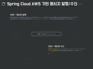 @SqsListener("scm-adapter-order-event-queue")
void handle(OrderCompletedEvent event) {
//
}
MessageSendingOperations operations = new NotificationMessagingTemplate(amazonSNS);
operations.convertAndSend("order-event-stream", OrderCompletedEvent.of(order);
ORDER 
SYSTEM
SCM
SYSTEM
 