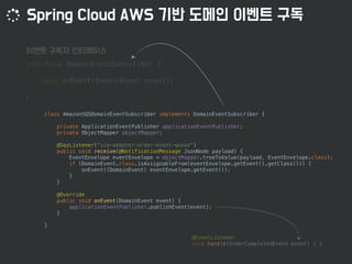 interface DomainEventSubscriber {
void onEvent(DomainEvent event);
}
class AmazonSQSDomainEventSubscriber implements DomainEventSubscriber {
private ApplicationEventPublisher applicationEventPublisher;
private ObjectMapper objectMapper;
@SqsListener("scm-adapter-order-event-queue")
public void receive(@NotificationMessage JsonNode payload) {
EventEnvelope eventEnvelope = objectMapper.treeToValue(payload, EventEnvelope.class);
if (DomainEvent.class.isAssignableFrom(eventEnvelope.getEvent().getClass())) {
onEvent((DomainEvent) eventEnvelope.getEvent());
}
}
@Override
public void onEvent(DomainEvent event) {
applicationEventPublisher.publishEvent(event);
}
}
@EventListener
void handle(OrderCompletedEvent event) { }
 