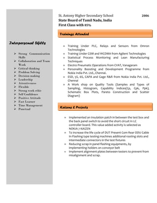 Interpersonal Skills
 Strong Communication
Skills
 Collaboration and Team
Work
 Critical thinking
 Problem Solving
 Decision making
 Leadership
 Attentiveness
 Flexible
 Strong work ethic
 Self Confidence
 Positive Attitude
 Fast Learner
 Time Management
 Punctual
St. Antony Higher Secondary School 2006
State Board of Tamil Nadu, India
First Class with 85%
 Training Under PLC, Relays and Sensors from Omron
Technologies
 Training Under GSM and WCDMA from Agilent Technologies
 Statistical Process Monitoring and Lean Manufacturing
Techniques
 Electro Pneumatic Operations from CVAT, Vanagaram
 Personality Boosting and Development Programme from
Nokia India Pvt. Ltd., Chennai.
 ESD, 5S, 6S, CAPA and Gage R&R from Nokia India Pvt. Ltd.,
Chennai
 A Work shop on Quality Tools (Samples and Types of
Sampling, Histogram, Capability Indices(Cp, Cpk, Ppk),
Schematic Box Plots, Pareto Construction and Scatter
Diagram)
 Implemented an Insulation patch in between the test box and
the back panel switch to avoid the short circuit In LC
controller board. This value added activity is selected as
NOKIA 7 KAIZEN
 To increase the life cycle of DUT Present Com Rear ODU Cable
In Flashing type testing machines additional rooting slots and
intermediate connectors in the test fixtures
 Reducing scrap in panel flashing equipments, by
implementing holders on conveyor belt
 Implement alignment plates between testers to prevent from
misalignment and scrap.
Trainings Attended
Kaizens & Projects
 