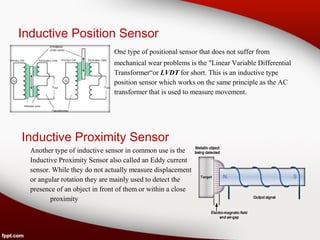 Inductive Position Sensor
One type of positional sensor that does not suffer from
mechanical wear problems is the "Linear Variable Differential
Transformer“or LVDT for short. This is an inductive type
position sensor which works on the same principle as the AC
transformer that is used to measure movement.
Inductive Proximity Sensor
Another type of inductive sensor in common use is the
Inductive Proximity Sensor also called an Eddy current
sensor. While they do not actually measure displacement
or angular rotation they are mainly used to detect the
presence of an object in front of them or within a close
proximity
 