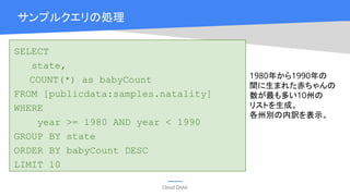 Cloud OnAir
サンプルクエリの処理
SELECT
state,
COUNT(*) as babyCount
FROM [publicdata:samples.natality]
WHERE
year >= 1980 AND year < 1990
GROUP BY state
ORDER BY babyCount DESC
LIMIT 10
1980年から1990年の
間に生まれた赤ちゃんの
数が最も多い10州の
リストを生成。
各州別の内訳を表示。
 