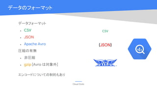 Cloud OnAir
データのフォーマット
データフォーマット
● CSV
● JSON
● Apache Avro
圧縮の有無
● 非圧縮
● gzip [Avro は対象外]
エンコードについての制約もあり
{JSON}
CSV
 
