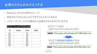 Cloud OnAir
必要なカラムのみクエリする
● BigQuery はカラム指向ストレージ
● 指定されたカラムは上から下までフルスキャンされる
● パフォーマンス、コストの観点から必要なカラムのみクエリをする
SELECT id, cost FROM table
SELECT GKGRECORDID FROM
`gdelt-bq.hathitrustbooks.1800`
id name cost date
SELECT * FROM
`gdelt-bq.hathitrustbooks.1800`
 