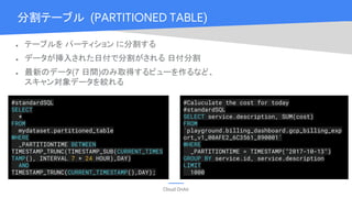 Cloud OnAir
分割テーブル (PARTITIONED TABLE)
● テーブルを パーティション に分割する
● データが挿入された日付で分割がされる 日付分割
● 最新のデータ(7 日間)のみ取得するビューを作るなど、
スキャン対象データを絞れる
#standardSQL
SELECT
*
FROM
mydataset.partitioned_table
WHERE
_PARTITIONTIME BETWEEN
TIMESTAMP_TRUNC(TIMESTAMP_SUB(CURRENT_TIMES
TAMP(), INTERVAL 7 * 24 HOUR),DAY)
AND
TIMESTAMP_TRUNC(CURRENT_TIMESTAMP(),DAY);
#Caluculate the cost for today
#standardSQL
SELECT service.description, SUM(cost)
FROM
`playground.billing_dashboard.gcp_billing_exp
ort_v1_00AFE2_6C3561_890001`
WHERE
_PARTITIONTIME = TIMESTAMP("2017-10-13")
GROUP BY service.id, service.description
LIMIT
1000
 