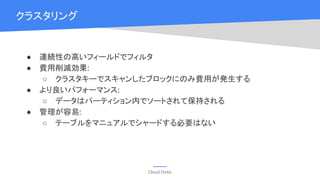 Cloud OnAir
クラスタリング
● 連続性の高いフィールドでフィルタ
● 費用削減効果:
○ クラスタキーでスキャンしたブロックにのみ費用が発生する
● より良いパフォーマンス:
○ データはパーティション内でソートされて保持される
● 管理が容易:
○ テーブルをマニュアルでシャードする必要はない
 