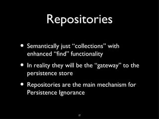 Ubiquitous Language
• Naming is important!
• As is a shared understanding and consistent
  use of terms
• The code should use the same terms used
  in documents and discussion




                     6
 