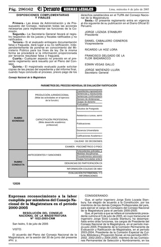 Pág. 296162 NORMAS LEGALES Lima, miércoles 6 de julio de 2005
DISPOSICIONES COMPLEMENTARIAS
Y FINALES
Primera.- Las áreas de Administración y de Pre-
supuesto del Consejo, realizarán todas las acciones
necesarias para implementar las funciones de la Co-
misión.
Segunda.- La Secretaría General llevará el regis-
tro respectivo de los jueces y fiscales ratificados y no
ratificados.
Tercera.- Si el evaluado entregara documentación
falsa o fraguada, dará lugar a su no ratificación, inde-
pendientemente de ponerse en conocimiento del Mi-
nisterio Público para los fines de ley. De la misma
forma se procederá si la información proporcionada
por terceros resultase falsa o fraguada.
Cuarta.- Cualquier aspecto no previsto en el pre-
sente reglamento será resuelto por el Pleno del Con-
sejo.
Quinta.- El magistrado evaluado puede solicitar
copias de las piezas del expediente y del informe final,
cuando haya concluido el proceso, previo pago de los
derechos establecidos en el TUPA del Consejo Nacio-
nal de la Magistratura.
Sexta.- El presente reglamento entra en vigencia
al día siguiente de su publicación en el Diario Oficial El
Peruano.
JORGE LOZADA STANBURY
Presidente
DANIEL CABALLERO CISNEROS
Vicepresidente
RICARDO LA HOZ LORA
FRANCISCO DELGADO DE LA
FLOR BADARACCO
EDWIN VEGAS GALLO
JORGE MATIENZO LUJÁN
Secretario General
Expresan reconocimiento a la labor
cumplida por miembros del Consejo Na-
cional de la Magistratura en el período
2000-2005
RESOLUCIÓN DEL CONSEJO
NACIONAL DE LA MAGISTRATURA
Nº 1022-2005-CNM
San Isidro, 5 de julio de 2005
VISTO:
El acuerdo del Pleno del Consejo Nacional de la
Magistratura, en la sesión del 30 de junio del presente
año; y,
CONSIDERANDO:
Que, el señor ingeniero Jorge Sixto Lozada Stan-
bury, fue elegido de acuerdo a la Constitución, por los
miembros de los demás Colegios Profesionales del país,
para ejercer el cargo de Consejero del Consejo Nacional
de la Magistratura para el período 2000-2005;
Que, el período a que se refiere el considerando prece-
dente culmina el 5 de julio de 2005, en cuyo transcurso el
ingeniero Jorge Sixto Lozada Stanbury, ha desempe-
ñado entre otras funciones, los cargos de Presidente del
Consejo Nacional de la Magistratura, en el período mar-
zo-julio 2005; Presidente de la Comisión Permanente de
Evaluación y Ratificación de Magistrados, en el período
2003-2004; Presidente de la Comisión Especial de Cul-
tura, Biblioteca y Proyección Social, en los períodos 2001-
2002, 2002-2003 y 2004-2005; miembro de las Comisio-
nes Permanentes de Selección y Nombramiento, en los
Consejo Nacional de la Magistratura
PARÁMETROS DEL PROCESO INDIVIDUAL DE EVALUACIÓNY RATIFICACIÓN
RUBRO
CONDUCTA
Medidas disciplinarias.
Procedimientos administra
EVALUACIÓN PATRIMONIAL Y O
INFORMACIONES
ANTECEDENTES Y SANCIONES
INFORMACIÓN COLEGIO DE ABOG
Quejas de derecho
Puntualidad
Expedientes ingresados/eg
Sentencias y resoluciones
Sentencias confirmadas/re
Número de dictámenes
PRODUCCIÓN JURISDICCIONAL
(Mide las actividades en el ejercicio
de la función)
RUBRO
IDONEIDAD
CALIDAD DE DECISIONES
Calificaciones Academia d
Antecedentes policiales, ju
DENUNCIAS DE PARTICIPACIÓN CIU
Quejas formuladas ante lo
EXAMEN PSICOMÉTRICO O PSICO
CAPACITACIÓN PROFESIONAL
(Mide desarrollo académico
profesional)
Estudios de Postgrado
Publicaciones
Docencia Universitaria
Asistencia a cursos, semin
12026
 