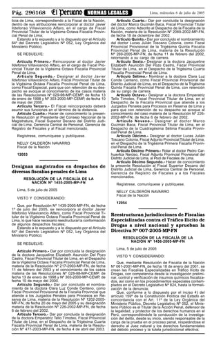 Pág. 296168 NORMAS LEGALES Lima, miércoles 6 de julio de 2005
ticia de Lima, correspondiendo a la Fiscal de la Nación,
dentro de sus atribuciones reincorporar al doctor Javier
Ildefonso Villavicencio Alfaro, en el cargo de Fiscal
Provincial Titular de la Vigésima Octava Fiscalía Provin-
cial Penal de Lima;
Estando a lo expuesto y a lo dispuesto por el Artículo
64º del Decreto Legislativo Nº 052, Ley Orgánica del
Ministerio Público;
SE RESUELVE:
Artículo Primero.- Reincorporar al doctor Javier
Ildefonso Villavicencio Alfaro, en el cargo de Fiscal Pro-
vincial Titular de la Vigésima Octava Fiscalía Provincial
Penal de Lima.
Artículo Segundo.- Designar al doctor Javier
Ildefonso Villavicencio Alfaro, Fiscal Provincial Titular de
la Vigésima Octava Fiscalía Provincial Penal de Lima,
como Fiscal Especial, para que con retención de su des-
pacho se avoque al conocimiento de los casos materia
de las Resoluciones Nº 029-98-MP-CEMP, de fecha 13
de enero de 1998 y Nº 303-2000-MP-CEMP, de fecha 10
de mayo del 2000.
Artículo Tercero.- El Fiscal reincorporado deberá
asumir sus funciones en el término de la distancia.
Artículo Cuarto.- Hacer de conocimiento la presen-
te Resolución al Presidente del Consejo Nacional de la
Magistratura, Fiscal Superior Decano del Distrito Judi-
cial de Lima, Gerencia Central de Personal, Gerencia de
Registro de Fiscales y al Fiscal mencionado.
Regístrese, comuníquese y publíquese.
NELLY CALDERÓN NAVARRO
Fiscal de la Nación
12053
Designan magistrados en despachos de
diversas fiscalías penales de Lima
RESOLUCIÓN DE LA FISCALÍA DE LA
NACIÓN Nº 1455-2005-MP-FN
Lima, 5 de julio de 2005
VISTO Y CONSIDERANDO:
Que, por Resolución Nº 1439-2005-MP-FN, de fecha
1º de julio del 2005, se reincorpora al doctor Javier
Ildefonso Villavicencio Alfaro, como Fiscal Provincial Ti-
tular de la Vigésimo Octava Fiscalía Provincial Penal de
Lima, lo que hace necesario reestructurar la conformación
de algunos despachos fiscales;
Estando a lo expuesto y a lo dispuesto por el Artículo
64º del Decreto Legislativo Nº 052, Ley Orgánica del
Ministerio Público;
SE RESUELVE:
Artículo Primero.- Dar por concluida la designación
de la doctora Jacqueline Elizabeth Asunción Del Pozo
Castro, Fiscal Provincial Titular de Lima, en el Despacho
de la Vigésima Octava Fiscalía Provincial Penal de Lima,
materia de la Resolución Nº 217-2003-MP-FN, de fecha
11 de febrero del 2003 y el conocimiento de los casos
materia de las Resoluciones Nº 028-98-MP-CEMP, de
fecha 13 de enero de 1998 y Nº 303-2000-MP-CEMP, de
fecha 10 de mayo del 2000.
Artículo Segundo.- Dar por concluido el nombra-
miento de la doctora Clara Luz Conde Centeno, como
Fiscal Provincial Provisional de la Fiscalía Provincial que
atiende a los Juzgados Penales para Procesos en Re-
serva de Lima, materia de la Resolución Nº 1202-2005-
MP-FN, de fecha 20 de mayo del 2005 y su designación
materia de la Resolución Nº 226-2002-MP-FN, de fecha
6 de febrero del 2002.
Artículo Tercero.- Dar por concluida la designación
de la doctora Emperatriz Tello Timoteo, Fiscal Provincial
Titular de Lima, en el Despacho de la Trigésima Cuarta
Fiscalía Provincial Penal de Lima, materia de la Resolu-
ción Nº 477-2003-MP-FN, de fecha 4 de abril del 2003.
Artículo Cuarto.- Dar por concluida la designación
del doctor Marco Guzmán Baca, Fiscal Provincial Titular
de Lima, como Adscrito al Despacho de la Fiscalía de la
Nación, materia de la Resolución Nº 2069-2002-MP-FN,
de fecha 18 de diciembre del 2002.
Artículo Quinto.- Dar por concluido el nombramiento
del doctor Lucas Julián Toscano Colonia, como Fiscal
Provincial Provisional de la Trigésima Quinta Fiscalía
Provincial Penal de Lima, materia de la Resolución
Nº 269-2005-MP-FN, de fecha 11 de febrero del 2002,
retornando a su cargo de carrera.
Artículo Sexto.- Designar a la doctora Jacqueline
Elizabeth Asunción Del Pozo Castro, Fiscal Provincial
Titular de Lima, en el Despacho de la Trigésima Cuarta
Fiscalía Provincial Penal de Lima.
Artículo Sétimo.- Nombrar a la doctora Clara Luz
Conde Centeno, como Fiscal Provincial Provisional del
Distrito Judicial de Lima, en el Despacho de la Trigésima
Quinta Fiscalía Provincial Penal de Lima, con retención
de su cargo de carrera.
Artículo Octavo.- Designar a la doctora Emperatriz
Tello Timoteo, Fiscal Provincial Titular de Lima, en el
Despacho de la Fiscalía Provincial que atiende a los
Juzgados Penales para Procesos en Reserva de Lima y
para que con retención de su despacho se avoque al
conocimiento del caso materia de la Resolución Nº 226-
2002-MP-FN, de fecha 6 de febrero del 2002.
Artículo Noveno.- Designar al doctor Marco
Guzmán Baca, Fiscal Provincial Titular de Lima, en el
Despacho de la Cuadragésima Sétima Fiscalía Provin-
cial Penal de Lima.
Artículo Décimo.- Designar al doctor Lucas Julián
Toscano Colonia, Fiscal Adjunto Provincial Titular de Lima,
en el Despacho de la Trigésima Primera Fiscalía Provin-
cial Penal de Lima.
Artículo Décimo Primero.- Rotar al doctor Pedro Car-
huavilca Narciso, Fiscal Adjunto Provincial Provisional del
Distrito Judicial de Lima, al Pool de Fiscales de Lima.
Artículo Décimo Segundo.- Hacer de conocimiento
la presente Resolución al Fiscal Superior Decano del
Distrito Judicial de Lima, Gerencia Central de Personal,
Gerencia de Registro de Fiscales y a los Fiscales
mencionados.
Regístrese, comuníquese y publíquese.
NELLY CALDERÓN NAVARRO
Fiscal de la Nación
12054
Reestructuran jurisdicciones de Fiscalías
Especializadas contra el Tráfico Ilícito de
Drogas a nivel nacional y aprueban la
Directiva Nº 007-2005-MP-FN
RESOLUCIÓN DE LA FISCALÍA DE LA
NACIÓN Nº 1456-2005-MP-FN
Lima, 5 de julio de 2005
VISTO Y CONSIDERANDO:
Que, mediante Resolución de Fiscalía de la Nación
Nº 061-2001-MP-FN, de fecha 18 de enero del 2001, se
crean las Fiscalías Especializadas en Tráfico Ilícito de
Drogas, con competencia desde la investigación prelimi-
nar, control y verificación de insumos químicos fiscaliza-
dos, así como en los procedimientos especiales contem-
plados en el Decreto Legislativo Nº 824, hasta la formali-
zación de la denuncia;
Que, conforme a lo dispuesto por el inciso 4) del
artículo 159º de la Constitución Política del Estado en
concordancia con el Art. 11º de la Ley Orgánica del
Ministerio Público, Decreto Legislativo Nº 052, el Minis-
terio Público es el Titular de la Acción Penal, defensor de
la legalidad, y protector de los derechos humanos en el
Perú, correspondiéndole la conducción de la investiga-
ción del delito, desde su inicio, siendo responsable de la
carga de la prueba en el proceso penal, respetándose el
derecho al Juez natural y los derechos fundamentales
del debido proceso y la tutela jurisdiccional efectiva;
 