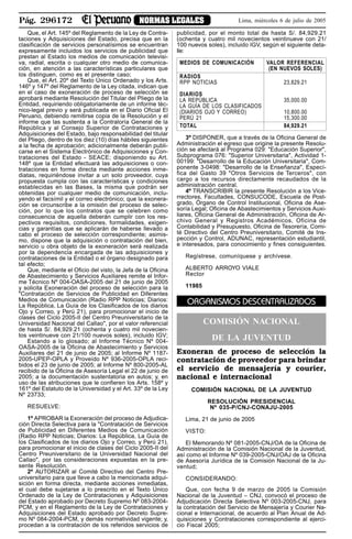 Pág. 296172 NORMAS LEGALES Lima, miércoles 6 de julio de 2005
Que, el Art. 145º del Reglamento de la Ley de Contra-
taciones y Adquisiciones del Estado, precisa que en la
clasificación de servicios personalísimos se encuentran
expresamente incluidos los servicios de publicidad que
prestan al Estado los medios de comunicación televisi-
va, radial, escrita o cualquier otro medio de comunica-
ción, en atención a las características particulares que
los distinguen, como es el presente caso;
Que, el Art. 20º del Texto Único Ordenado y los Arts.
146º y 147º del Reglamento de la Ley citada, indican que
en el caso de exoneración de proceso de selección se
aprobará mediante Resolución del Titular del Pliego de la
Entidad, requiriendo obligatoriamente de un informe téc-
nico-legal previo y será publicada en el Diario Oficial El
Peruano, debiendo remitirse copia de la Resolución y el
informe que las sustenta a la Contraloría General de la
República y al Consejo Superior de Contrataciones y
Adquisiciones del Estado, bajo responsabilidad del titular
del Pliego, dentro de los diez (10) días hábiles siguientes
a la fecha de aprobación; adicionalmente deberán publi-
carse en el Sistema Electrónico de Adquisiciones y Con-
trataciones del Estado - SEACE; disponiendo su Art.
148º que la Entidad efectuará las adquisiciones o con-
trataciones en forma directa mediante acciones inme-
diatas, requiriéndose invitar a un solo proveedor, cuya
propuesta cumpla con las características y condiciones
establecidas en las Bases, la misma que podrán ser
obtenidas por cualquier medio de comunicación, inclu-
yendo el facsímil y el correo electrónico; que la exonera-
ción se circunscribe a la omisión del proceso de selec-
ción, por lo que los contratos que se celebren como
consecuencia de aquella deberán cumplir con los res-
pectivos requisitos, condiciones, formalidades, exigen-
cias y garantías que se aplicarán de haberse llevado a
cabo el proceso de selección correspondiente; asimis-
mo, dispone que la adquisición o contratación del bien,
servicio u obra objeto de la exoneración será realizada
por la dependencia encargada de las adquisiciones y
contrataciones de la Entidad o el órgano designado para
tal efecto;
Que, mediante el Oficio del visto, la Jefa de la Oficina
de Abastecimiento y Servicios Auxiliares remite el Infor-
me Técnico Nº 004-OASA-2005 del 21 de junio de 2005
y solicita Exoneración del proceso de selección para la
"Contratación de Servicios de Publicidad en Diferentes
Medios de Comunicación (Radio RPP Noticias; Diarios:
La República, La Guía de los Clasificados de los diarios
Ojo y Correo, y Perú 21), para promocionar el inicio de
clases del Ciclo 2005-II del Centro Preuniversitario de la
Universidad Nacional del Callao", por el valor referencial
de hasta S/. 84,929.21 (ochenta y cuatro mil novecien-
tos veintinueve con 21/100 nuevos soles), incluido IGV;
Estando a lo glosado; al Informe Técnico Nº 004-
OASA-2005 de la Oficina de Abastecimiento y Servicios
Auxiliares del 21 de junio de 2005; al Informe Nº 1187-
2005-UPEP-OPLA y Proveído Nº 936-2005-OPLA reci-
bidos el 23 de junio de 2005; al Informe Nº 800-2005-AL
recibido de la Oficina de Asesoría Legal el 22 de junio de
2005; a la documentación sustentatoria en autos; y, en
uso de las atribuciones que le confieren los Arts. 158º y
161º del Estatuto de la Universidad y el Art. 33º de la Ley
Nº 23733;
RESUELVE:
1º APROBAR la Exoneración del proceso de Adjudica-
ción Directa Selectiva para la "Contratación de Servicios
de Publicidad en Diferentes Medios de Comunicación
(Radio RPP Noticias; Diarios: La República, La Guía de
los Clasificados de los diarios Ojo y Correo, y Perú 21),
para promocionar el inicio de clases del Ciclo 2005-II del
Centro Preuniversitario de la Universidad Nacional del
Callao", por las consideraciones expuestas en la pre-
sente Resolución.
2º AUTORIZAR al Comité Directivo del Centro Pre-
universitario para que lleve a cabo la mencionada adqui-
sición en forma directa, mediante acciones inmediatas,
el cual debe sujetarse a lo prescrito en el Texto Único
Ordenado de la Ley de Contrataciones y Adquisiciones
del Estado aprobado por Decreto Supremo Nº 083-2004-
PCM, y en el Reglamento de la Ley de Contrataciones y
Adquisiciones del Estado aprobado por Decreto Supre-
mo Nº 084-2004-PCM, y demás normatividad vigente; y,
procedan a la contratación de los referidos servicios de
publicidad, por el monto total de hasta S/. 84,929.21
(ochenta y cuatro mil novecientos veintinueve con 21/
100 nuevos soles), incluido IGV, según el siguiente deta-
lle:
MEDIOS DE COMUNICACIÓN VALOR REFERENCIAL
(EN NUEVOS SOLES)
RADIOS
RPP NOTICIAS 23,829.21
DIARIOS
LA REPÚBLICA 35,000.00
LA GUÍA DE LOS CLASIFICADOS
(DIARIOS OJO Y CORREO) 10,800.00
PERÚ 21 15,300.00
TOTAL 84,929.21
3º DISPONER, que a través de la Oficina General de
Administración el egreso que origine la presente Resolu-
ción se afectará al Programa 029: "Educación Superior",
Subprograma 076: "Superior Universitaria", Actividad 1-
00199: "Desarrollo de la Educación Universitaria", Com-
ponente 3-0498: "Desarrollo de la Enseñanza", Especí-
fica del Gasto 39 "Otros Servicios de Terceros", con
cargo a los recursos directamente recaudados de la
administración central.
4º TRANSCRIBIR la presente Resolución a los Vice-
rrectores, Facultades, CONSUCODE, Escuela de Post-
grado, Órgano de Control Institucional, Oficina de Ase-
soría Legal; Oficina de Abastecimientos y Servicios Auxi-
liares, Oficina General de Administración, Oficina de Ar-
chivo General y Registros Académicos, Oficina de
Contabilidad y Presupuesto, Oficina de Tesorería, Comi-
té Directivo del Centro Preuniversitario, Comité de Ins-
pección y Control, ADUNAC, representación estudiantil,
e interesados, para conocimiento y fines consiguientes.
Regístrese, comuníquese y archívese.
ALBERTO ARROYO VIALE
Rector
11985
ORGANISMOS DESCENTRALIZADOS
COMISIÓN NACIONAL
DE LA JUVENTUD
Exoneran de proceso de selección la
contratación de proveedor para brindar
el servicio de mensajería y courier,
nacional e internacional
COMISIÓN NACIONAL DE LA JUVENTUD
RESOLUCIÓN PRESIDENCIAL
Nº 035-P/CNJ-CONAJU-2005
Lima, 21 de junio de 2005
VISTO:
El Memorando Nº 081-2005-CNJ/OA de la Oficina de
Administración de la Comisión Nacional de la Juventud,
así como el Informe Nº 039-2005-CNJ/OAJ de la Oficina
de Asesoría Jurídica de la Comisión Nacional de la Ju-
ventud;
CONSIDERANDO:
Que, con fecha 9 de marzo de 2005 la Comisión
Nacional de la Juventud – CNJ, convocó el proceso de
Adjudicación Directa Selectiva Nº 003-2005-CNJ, para
la contratación del Servicio de Mensajería y Courier Na-
cional e Internacional, de acuerdo al Plan Anual de Ad-
quisiciones y Contrataciones correspondiente al ejerci-
cio Fiscal 2005;
 