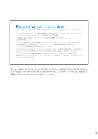 Perspectiva dos substantivos
Nossa empresa comercializa Produtos sob demanda. Precisamos de um software que
gerencie a produção a partir de um Pedido de Venda.
O Pedido de Venda pode conter vários Produtos, compostos por vários
Componentes.
Quando um Pedido de Venda é emitido, é necessário verificar a disponibilidade dos
Componentes do Produto. É feita a reserva dos Componentes disponíveis, e
emissão de Pedidos de Compra para os indisponíveis.
Há um sistema legado que gerencia a entrada e saída de Componentes no Estoque,
que pode ser integrado para notificar a chegada dos Componentes solicitados.
Quando todos os Componentes estiverem disponíveis, é emitida a Ordem de
Serviço. Após a finalização da produção, outros processos podem ser iniciados, como
emissão de Nota Fiscal.
Em um modelo tradicional de especificação de software, são destacados os substantivos
e a relação entre eles. Com isso é possível desenhar um MER - Modelo de Entidade e
Relacionamento, e iniciar a construção do software.
10
 