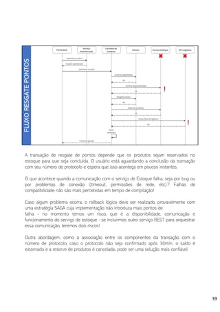 A transação de resgate de pontos depende que os produtos sejam reservados no
estoque para que seja concluída. O usuário está aguardando a conclusão da transação
com seu número de protocolo e espera que isso aconteça em poucos instantes.
O que acontece quando a comunicação com o serviço de Estoque falha, seja por bug ou
por problemas de conexão (timeout, permissões de rede, etc)? Falhas de
compatibilidade não são mais percebidas em tempo de compilação!
Caso algum problema ocorra, o rollback lógico deve ser realizado, provavelmente com
uma estratégia SAGA cuja implementação não introduza mais pontos de
falha - no momento temos um risco, que é a disponibilidade, comunicação e
funcionamento do serviço de estoque - se incluirmos outro serviço REST para orquestrar
essa comunicação, teremos dois riscos!
Outra abordagem, como a associação entre os componentes da transação com o
número de protocolo, caso o protocolo não seja confirmado após 30min, o saldo é
extornado e a reserve de produtos é cancelada, pode ser uma solução mais confiável.
39
 