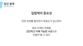 빌딩 블록
Building Block
집합체의 중요성
연관 관계를 줄이면서 복잡도가 감소한다
많은 도메인 모델을
간단하고 이해 가능한 수준으로
만들어 줄 수 있다
 
