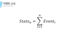 이벤트 소싱
Event Sourcing
𝑆𝑡𝑎𝑡𝑒 𝑛 = ෍
𝑖=1
𝑛
𝐸𝑣𝑒𝑛𝑡𝑖
 