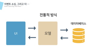 이벤트 소싱, 그리고 더 …
Event Sourcing, And more …
UI
데이터베이스
모델
전통적 방식
 